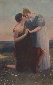 Historische Grußkarte mit historischem Motiv, Frau und Krieger des Mittelalters