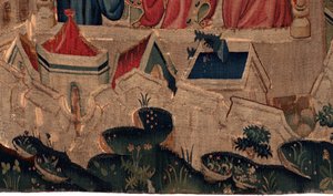 Geschichte von Saint Piat und Saint Eleuthère, Szene 9 Saint-Éleuthère wird als Bischof von Tournai bestätigt. Detail unten. Die Stadtbefestigungswände, Häuser. von Unknown artist