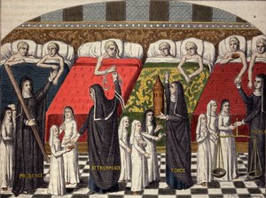 Krankenhauszimmer im Hôtel-Dieu in Paris. Gute Schwestern werden nach Tugenden benannt: Klugheit, Mäßigung, Stärke und Gerechtigkeit. Gravur nach einer Miniatur aus dem 15. Jahrhundert von Unknown artist
