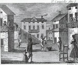 Il Campiello Akt I - Carlo Goldoni (1707-1793) - Stich aus dem 18. Jahrhundert