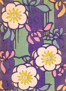 Illustration von Blumenblüten auf einem Lavendel- und grünen Hintergrund von Unknown artist