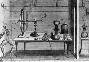 Illustration von Experimenten von Luigi Galvani, italienischer Physiker und Arzt (1737 - 1798), die den Durchgang von elektrischem Strom zeigen, der die Beine eines Frosches bewegt. von Unknown artist
