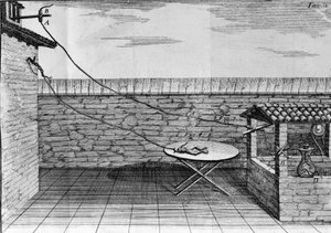 Illustration von Experimenten von Luigi Galvani, italienischer Physiker und Arzt (1737 - 1798), die den Durchgang von elektrischem Strom zeigen, der die Beine eines Frosches bewegt.