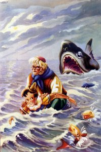 Illustration der Pinocchio-Geschichte von Carlo Collodi: Pinocchio und Gepetto werden von einem riesigen Fisch verfolgt