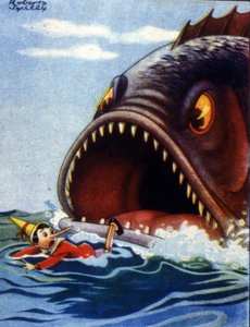 Illustration des Märchens Pinocchio von Carlo Collodi. Ein riesiger Fisch ist dabei, Pinocchio zu verschlingen. von Unknown artist