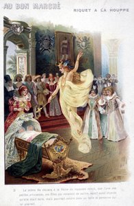 Illustration des Märchens „Riquet mit dem Schopf“ von Charles Perrault (1697): Die Fee verkündet der Königin, dass die Prinzessin, die gerade geboren wurde, so dumm wie schön sein wird. Plakat „Au bon marché“ aus dem 19. Jahrhundert von Unknown artist