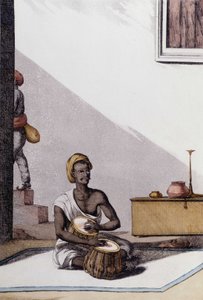 Indische Kultur und Zivilisation: Musiker spielt Tablas, traditionelles Musikinstrument, Indien. Gravur von 1808. von Unknown artist
