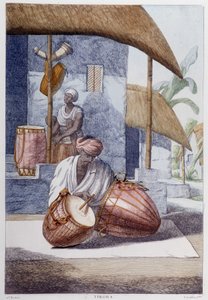Indische Kultur, Zivilisation und Gesellschaft: Musiker mit traditionellem indischen Schlaginstrument (Tikora). Gravur von 1808. von Unknown artist