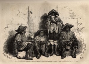 Inder aus Cuzco (Peru), gekleidet in Manta, Sandalen und traditionellem Sombrero, beschäftigt als Arbeiter für die Ausbeutung von Guano-Ablagerungen auf den Chincha-Inseln, trinken Shisha, aber fermentierten Brandy. Gravur zur Illustration Les iles Chincha