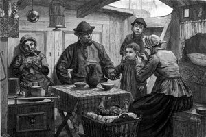 Innenraum eines Flussbootes auf der Lys. Illustration aus dem 19. Jahrhundert
