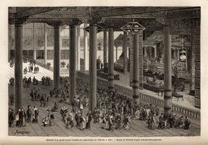 Innenansicht eines großen buddhistischen Tempels, der dem Taikoun (weltlicher Herrscher Japans) in Yedo (oder Edo, kaiserliche Hauptstadt, heutiges Tokio) gehört. Gravur zur Illustration der Reise nach Japan, 1863-1864, von Aimé Humbert, Minister der Schwe