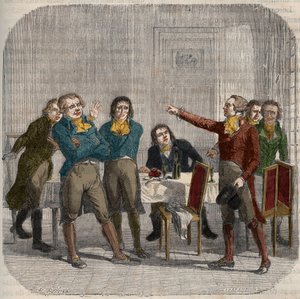 Interview zwischen Jean-Paul Marat (1743-1793), Maximilien de Robespierre (1758-1794) und Georges Jacques Danton (1759-1794) am 28. Juni 1793 in einem Pariser Café in der Rue du Paon. Gravur in „Histoire nationale illustree de la France“. 19. Jahrhundert