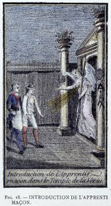 Einführung des Lehrlingsmaurers - nach einer Gravur aus der „Kostbaren Sammlung der Adonhiramitischen Maurerei“ von einem Ritter aller Freimaurerorden