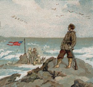 Isaac Israel Hayes (1832-1881) mit der amerikanischen Flagge an den Ufern des Polarmeers. Chromolithographie aus dem späten 19. Jahrhundert. von Unknown artist