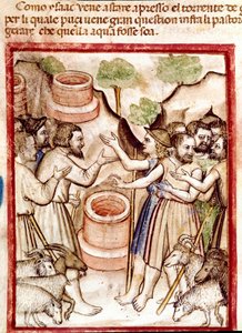 Isaak gräbt Brunnen im Tal von Guerar und die Hirten des Tals suchen Streit mit ihm Miniatur aus Codex 212 (oder Padovano Codice oder Bibel von Padua) 1390-1400 Rovigo, Accademia dei Concordi