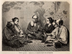 Japanische Spieler mitten im Kartenspiel. Gravur zur Illustration Japans, Reisebericht von Aimé Humbert, Minister der Schweizerischen Eidgenossenschaft, 1863-1864, veröffentlicht in „Le tour du monde, nouveau journal des voyages“, unter der Leitung von Edo