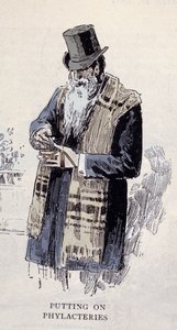 Jüdische Religion: ein alter jüdischer Mann trägt den Gebetsmantel (Talit oder Tzitzit), Stich von 1890