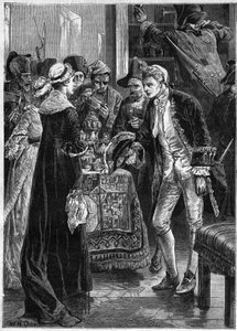 John Paul Jones besucht Lady Selkirk, nachdem seine Männer ihre Wertsachen genommen haben - Amerikanische Marine: John Paul Jones (1747-1792) Held des Amerikanischen Unabhängigkeitskrieges und die Besatzung der Ranger überfielen das Schloss des Grafen von  von Unknown artist
