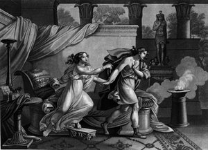 Joseph flieht vor der Frau von Potiphar, die ihn zu verführen sucht. Lithographie des 19. Jahrhunderts von Unknown artist