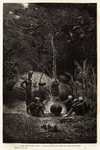 Kanaken kochen im Wald, im Gebiet von Pamale. Gravur zur Illustration der Reise nach Neukaledonien, von Jules Garnier, Bergbauingenieur, 1863-1866, veröffentlicht in „Le tour du monde, nouveau journal des voyages“, herausgegeben von Edouard Charton von Unknown artist