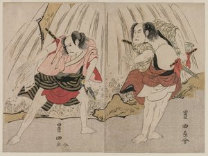 Kataoka Nizaemon VII und Ichikawa Yaozo III in einer Konfrontation neben einem Wasserfall von Unknown artist