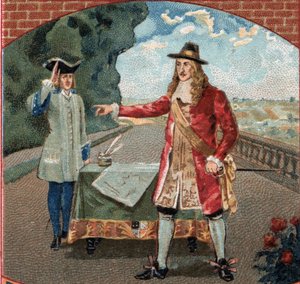 König Jakob II. von England (James II Stuart) (1633-1701) während seines Aufenthalts im Schloss Saint-Germain-en-Laye. Chromolithographie aus dem späten 19. Jahrhundert von Unknown artist