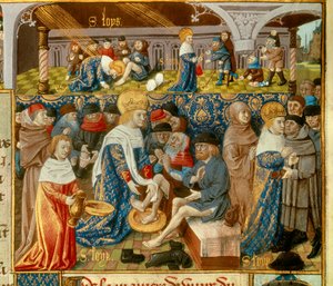 König Ludwig IX. (1214-1270) (Saint Louis) wäscht die Füße der Armen und Szenen christlicher Nächstenliebe. Miniatur aus einem Manuskript 