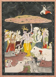 Krishna hebt den Berg Govardhan