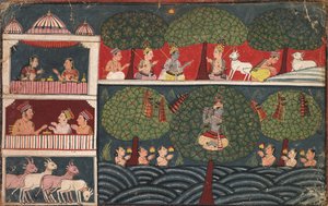 Krishna stiehlt die Kleider der Milchmädchen und erläutert die Tugend der Bäume, aus einem Braj Bhagavata Purana von Unknown artist