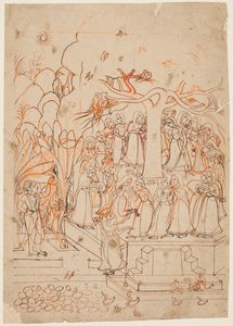 Krishna beobachtet die Milchmädchen, die einen heiligen Baum umrunden: der Monat Jyestha (Mai–Juni), aus einem Baramasa (Die zwölf Monate) von Unknown artist
