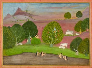 Krishna stiehlt die Kleider der Gopis, Folio aus einem Bhagavata Purana