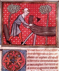 Der Bau der Arche Noah. Detail (illuminierte Seite des Manuskripts „Bible Historiale“ von Guiart Des Moulins 14. Jahrhundert)
