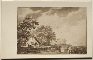 Landschaft mit Hütte und Brücke von Unknown artist