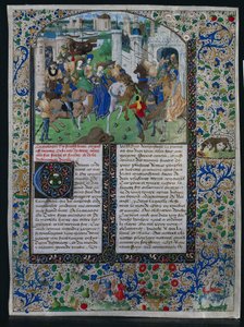 Blatt aus Jehan de Courcys "Chronique Universelle": König Priamos trifft Helena und Paris vor den Toren Trojas
