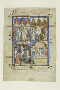 Blatt aus einem Bilderzyklus: Christus trägt das Kreuz, Die Kreuzigung, Die Abnahme vom Kreuz und die Grablegung
