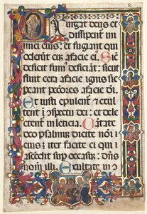 Blatt aus einem Psalter mit vollem Rand mit Medaillons (Verkündigung, SS. Hieronymus, Klara, Sebastian und Bernhardin) und historisierter Initiale (E): Jungfrau und Kind von Unknown artist