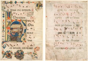 Blatt aus einem Antiphonar mit illustrierter Initiale (H) mit der Geburt Christi (recto) und Musik (verso)