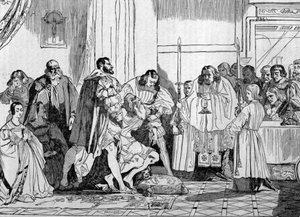 Leonardo da Vinci stirbt in den Armen von Franz I. (1494 - 1547) im Jahr 1519 in Clos Lucé. Gravur. von Unknown artist