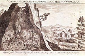 Die Silberminen von Potosi, Bolivien. Gravur des 19. Jahrhunderts