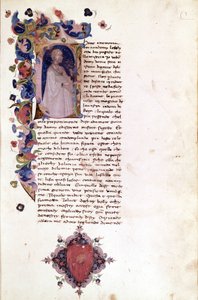Initiale „a“ auf einer Miniaturseite des Incipit von „Teseide“. Giovanni Boccaccio (1313-1375). Manuskript aus dem 15. Jahrhundert. Trivulziana Mailand