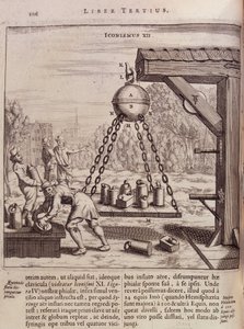 Beladung aufgehängter Magdeburger Halbkugeln - in „Ottonis de Guericke: Experimenta Nova Magdeburgica de vacuo spatio“ von Otto von Guericke
