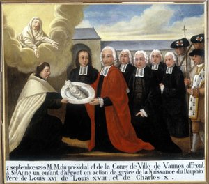 MM du Presidial et de la Commune de Vannes bieten der Heiligen Anna ein silbernes Kind als Dank für die Geburt des Delfins Louis de France (7. September 1729) - Ex-Voto Sainte Anne d