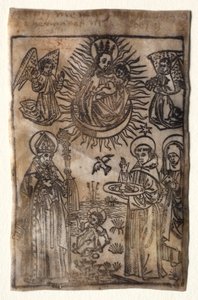 Madonna mit Kind und drei Mitgliedern des Augustinerordens: Heilige Augustinus, Nikolaus und Klara