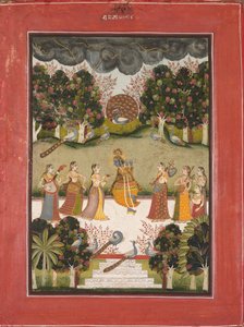 Malar Ragini: Krishna spielt die Flöte für sieben Gopis mit Musikinstrumenten, aus der Ragamala-Serie von Unknown artist