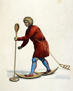 Mann des Ostiak-Stammes (Khanty oder Khante) (Sibirien) beim Skifahren. Gravur aus „Die Tracht des russischen Reiches“ London 1803 von Unknown artist