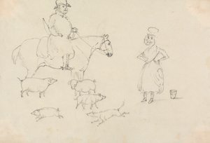 Mann auf Pferd mit Schweinen