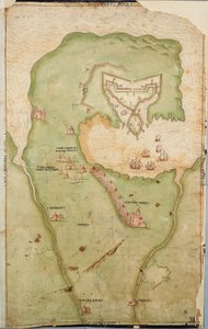 Karte von Smerwick, Irland, zeigt das englische Erdwerk mit zwei Kanonen zur Angriffe auf das spanische Fort und englische Soldaten, die aus Castell More marschieren von Unknown artist