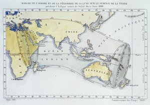 Karte, veröffentlicht vom Bureau of Longitudes, zeigt den Verlauf des Schattens und der Dunkelheit des Mondes auf der Erdoberfläche während der Sonnenfinsternis von 1868