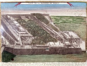Maschine von Marly de Rennequin zur Wasserförderung der Seine nach Versailles über das Marly-Aquädukt. Gravur aus dem 18. Jahrhundert