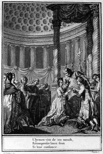 Heirat in der Kirche. „Der Hymen kommt aus seinen Knoten, um ihre Feuer und ihr Vertrauen zu belohnen.“ Französische Gravur des 18. Jahrhunderts. von Unknown artist
